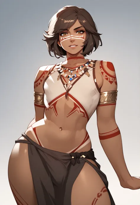 1boy, solo, masterpiece, best quality, highres, absurdres, ultra-detailed, illustration, looking at viewer, simple background, tribalpaint, red bodypaint, tribal clotches, wavy brown hair, hazel eyes, tanned skin, tribal clotches, male curvy body, otoko no...