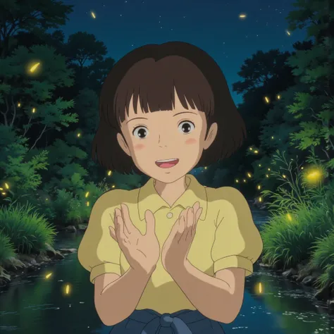 cinematic, (masterpiece), (best quality), (ultra-detailed), very aesthetic, illustration, realistic illustration, perfect composition, intricate details, absurdres, (anime, masterpiece, intricate:1.3), (best quality, hires textures, high detail:1.2), (4k),(incredibly detailed:1.4),realistic shadow, , Japanese radish evolution, detailed 3D render, intricate, highly-detailed, photorealistic, ultra-detailed, hyper-realistic, 8K, HDR, physically-based rendering, professional studio lighting, cinematic, dynamic composition, dramatic lighting, vivid colors, vibrant palette, lush environment, sprawling landscape, overgrown, wild, untamed, organic textures, intricate patterns, mesmerizing, fantastical, otherworldly, surreal, imaginative, awe-inspiring, captivating ,Night riverside, glowing particles, Showa era Japanese girl , young child looks like a Japanese doll , (blunt bangs),French crop, (undercut:1.2) , pale yellow shirt, short Puff Sleeves ,collar,( face),(her face is illuminated by the light of the fireflies,portrait shot,close up her face) ,smile,open mouth, Hands spread out at chest level ,studio ghibli style, bow her head slightly,4fingers, Blue Hakama, extreme close-up shot