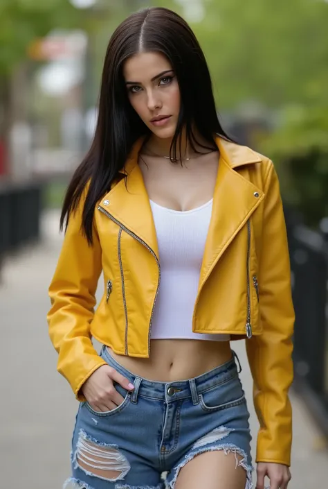 woman, masterpiece, best quality, (photorealistic:1.4),(leather yellow cropped biker JACKET over white tank top, (torn denim jeans:1.2) heels, in the New York Central Park, sunny day, hazel eyes, dark hair, side glance, photo taken from a distance,