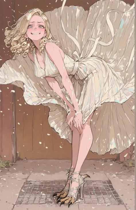 comics cartoon 1.tyle,marina Laswick very sexy very beautiful is Marilyn Monroe with a little smile,very beautiful light dress very low-cut very very transparent pleated pastel cream yellow,talons aiguilles ,very beautiful very generous chest,curly golden ...