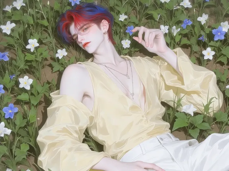 high quality, 8K Ultra HD, beautiful double exposure ,1 person, man, , blue and red hair, Short hair,  lying on a field of flowers , black eyes,  Light,Put on black framed glasses , CREAM-YELLOW KNITTED SILK BLOUSE , White Pants, smile, misbehave, cheerful...