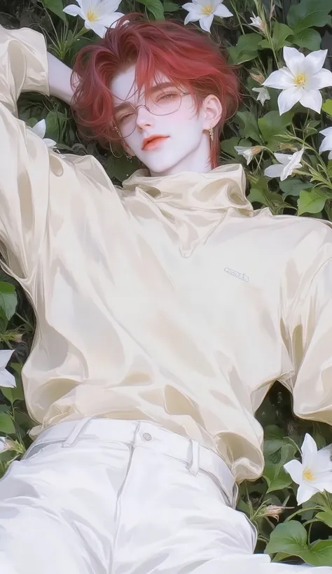 high quality, 8K Ultra HD,1 person, man, , blue and red hair, Short hair,  lying on a field of flowers , black eyes,Put on black framed glasses , Loose cream turtleneck , White Pants, smile, misbehave, cheerful 