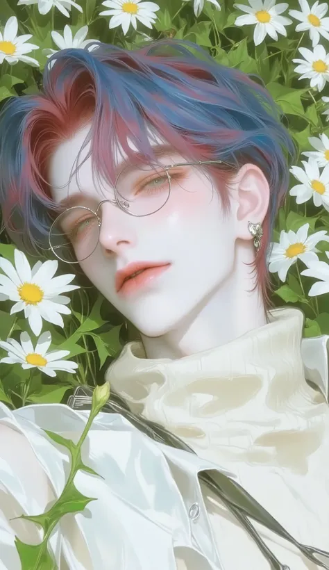 high quality, 8K Ultra HD,1 person, man, , blue and red hair, Short hair, Sleep on a field of colorful daisies, black eyes,Put on black framed glasses , Loose cream turtleneck , White Pants, smile, misbehave, cheerful 
