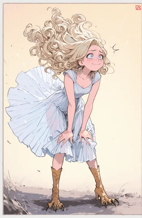 comics cartoon 1.tyle,marina Laswick very sexy very beautiful is Marilyn Monroe with a little smile,very beautiful light dress very low-cut very very transparent pleated pastel cream yellow,talons aiguilles ,very beautiful very generous chest,curly golden ...