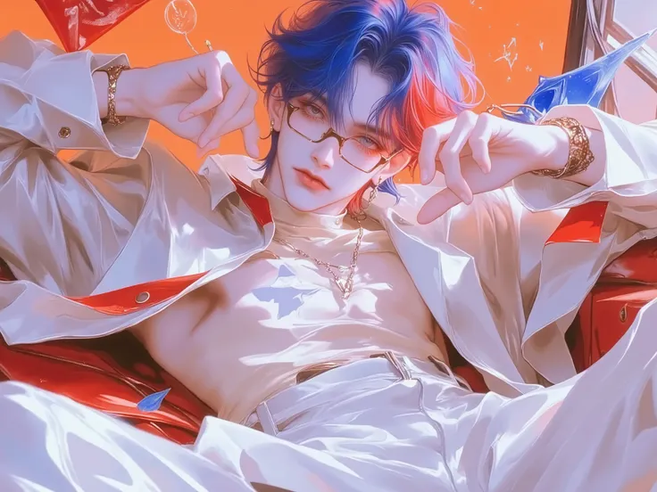 1 person, Male, , two colored hair, blue and red., Short hair, Black eyes, Put on black square framed glasses, Wear a cream turtleneck, White Pants, cheerful, bright, misbehave,  casting, ultra 8k