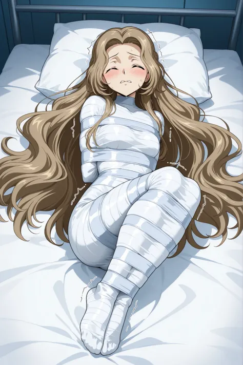 ,Code Geass: Hangyaku no Lelouch,nunnally lamperouge, nunnally vi britannia, long hair, brown hair, very long hair, closed eyes,

,They're being rolled over in their sleep,A girl lying on her back on a bed, lying on her side,legs bent,

,White bandage,All ...