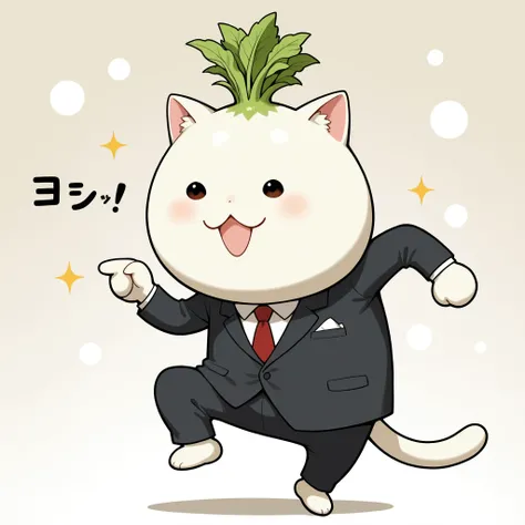 Cute daikon's, genba  _cat,chibi, Pointing, standing on one leg, :3, Open Mouth, meme,  parody in hin, simple background, white background, full body, (OL, Suit), 4K high definition, bright color彩, top quality, 4K, masterpiece, Ultra Fine, Studio Lighting,...