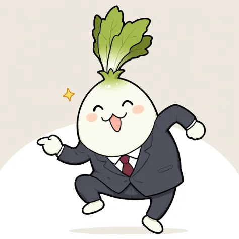 Cute daikon's, genba_cat,chibi, Pointing, standing on one leg, :3, Open Mouth, meme, parody in hin, simple background, white background, full body, (OL, Suit, slacks), 4K high definition, bright color彩, top quality, 4K, masterpiece, Ultra Fine, Studio Lig...