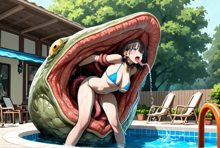 Waifu yuna (tiny bikini, color matches vehicle), is trying to escape a giant toad like vore monster, the vore monster entends several rape tentacles from its mouth, the tentacles strip yuna naked, restrain her arms and legs, and sex all her holes, damsel r...
