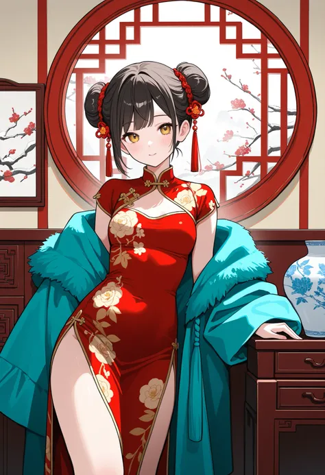 womanhood, Floral Chinese Dress,Lupine, Chinese decorative window,