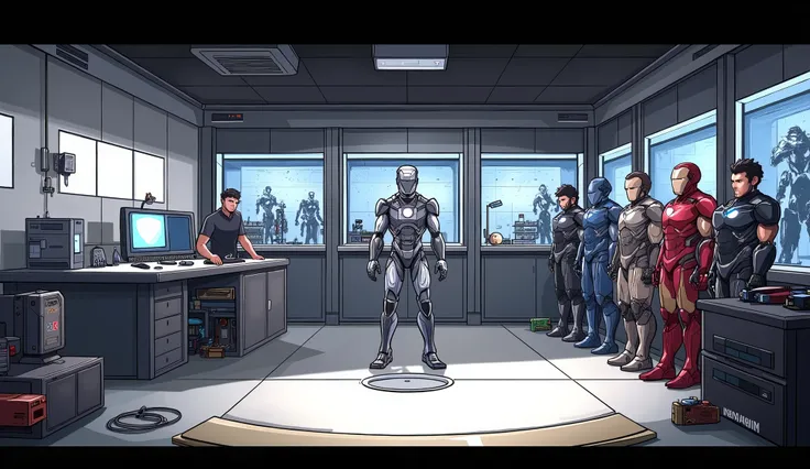 A 2d indian cartoon style small sci-fi workshop with white walls and grey floor includes computers, industrial robots, tools, small blue holographic Ironman figure on the left side , bold black outlines, six ironman armor standing horizontally at the the r...