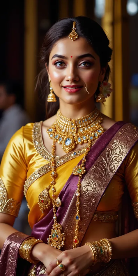  a Beautiful woman with detailed expressive olive-green eyes and  "A beautiful Indian woman dressed in a traditional Maharashtrian saree. She is wearing a rich yellow and purple silk saree with intricate golden borders. Her jewelry includes multiple layers...