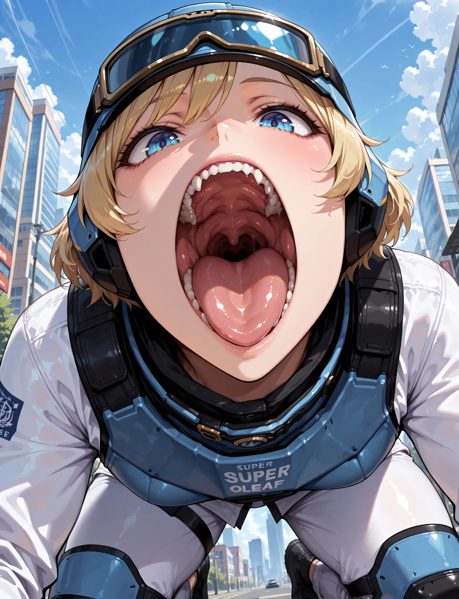 ((masterpiece, best quality:1.4,extremely detailed, detail face, detail eyes)), illustration, 8k, hd, 1female, (tall lady), solo, girl, adult body, short blond hair, blue eyes, , blue headwear , combat helmet , goggles on headwear , blue eyes , white jacke...