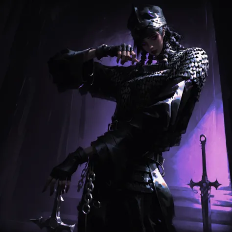 artist: wlop, masterpiece, best quality, illustration, a vampire woman, beautiful woman, European facial features, Caucasian, small breasts, shoulder length black hair, small braids, red irises, detailed face, loose fitting leather pants, female wearing ve...