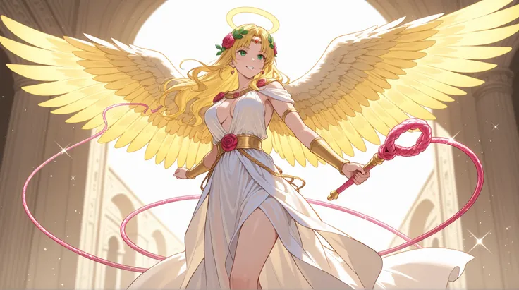  Female Angels, Ancient Roman costume, glitter rose whip, colorful angel wings,   dynamic action, 
