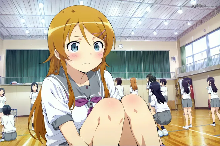 kousaka kirino,long hair, hairclip, school uniform, grey sailor collar, purple neckerchief, white shirt, short sleeves, pleated skirt, grey skirt,close up shot,,masterpiece,best quality,amazing quality,taiikukan, score_9, score_8_up, score_7_up, rating_sa...