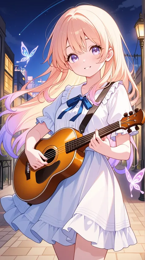 A young woman strolls down a colorful, dreamy street at night, holding a mandolin. Ethereal swirls of color flow around her, adding a magical atmosphere to the urban scene.