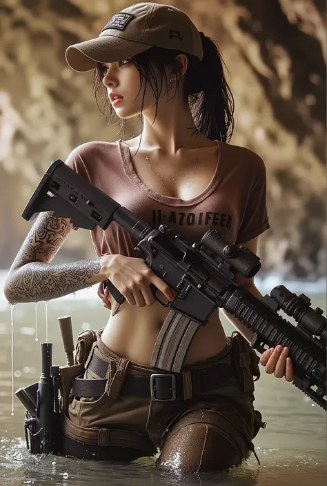 realistic expression、realistic depiction like a beautiful picture、walking while getting in water up to the ankle、realistic expression、wet tactical shirt、beautiful Japanese woman in the Allied Special Forces、Sanskrit one-point tattoo、beautiful Japanese woma...