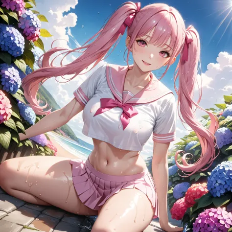 (8k, masutepiece, Best Quality, Official art, beautiful detailed, beautiful lighting, best masterpiece in history that exceeds limits), (1 Girl, solo), (16才), (beautiful detailed face), (wet shiny white skin), (beautiful big bust, cleavage, thighs, navel:1...