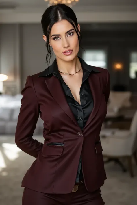 full body image of Erin Olash, a beautiful female business executive wearing an bordeaux leather Armani business suit with a open black buttondown shirt, wet slick back hair, strong seductive makeup, bedroom eyes, romantic lighting, a corporate photography...