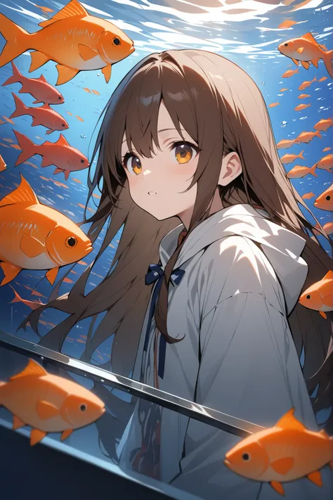 Leave it aloneの擬人化、Leave it alone、Personalization of fish、One person、long hair、18 years old、brown、Layered、sound、masterpiece、top quality、for all ages