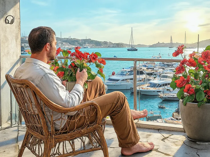 A detailed marker line art illustration depicts a contemplative "ohwx man" seated comfortably in a weathered rattan chair on a balcony overlooking the Herzliya marina in Israel. He gently embraces a vibrant pot of Anthurium 'Amalia Elegance', its glossy, h...