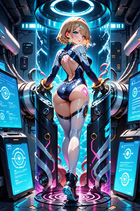 masterpiece,top quality,ultra detail,Spans Hi-Tech Sex Machines, futuristic restraint device, Shiny Wet Bodysuits,   Drenched Skin  , Mechanical Tentacle Arms, Advanced Insertion Ports, Illuminated Panels,   Cyberpunk Environment  , restrained posture, Bre...