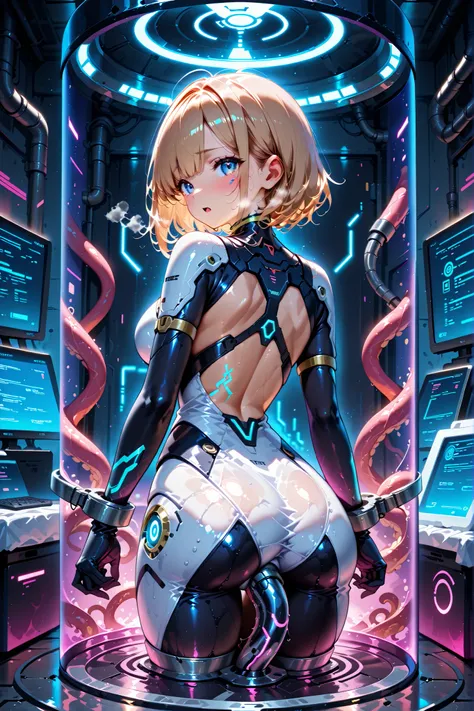 masterpiece,top quality,ultra detail,Spans Hi-Tech Sex Machines, futuristic restraint device, Shiny Wet Bodysuits,   Drenched Skin  , Mechanical Tentacle Arms, Advanced Insertion Ports, Illuminated Panels,   Cyberpunk Environment  , restrained posture, Bre...