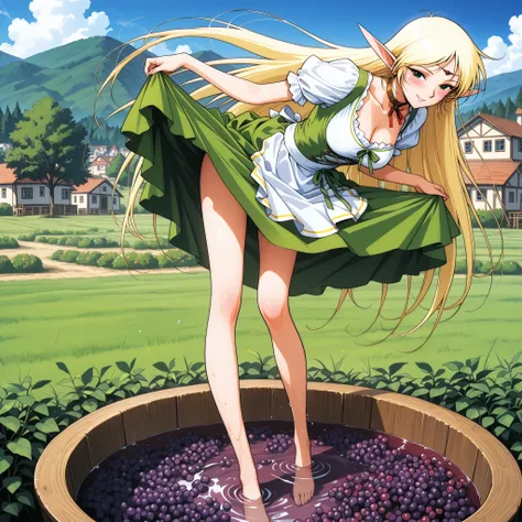 (masterpiece),(best quality),high score, highres, incredibly absurdres, amazing quality,8K, official art,(Yuuki Nobuteru artstyle),
day,outdoor,village,house,garden,
1girl,solo,grape stomping,lifting own skirt,smile,skirt lift,
dynamic expression, dynamic ...