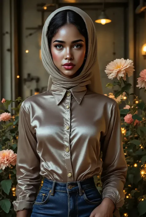 Foto hiperrealista en primer plano de bi-racial woman, masterpiece, best quality, (photorealistic:1.4), luxury long button up satin shirt, blue jeans, wearing a hijab, cinematic light, in a old abandoned factory, amber twinkle lights in background, romanti...