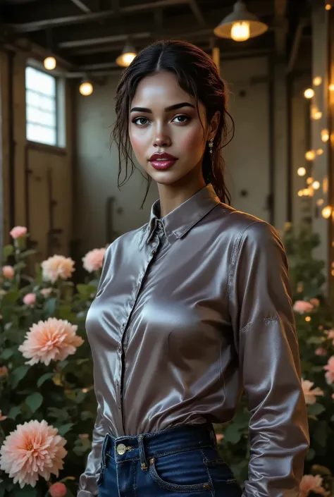 Foto hiperrealista en primer plano de bi-racial woman, masterpiece, best quality, (photorealistic:1.4), luxury long button up satin shirt, blue jeans, wearing a hijab, cinematic light, in a old abandoned factory, amber twinkle lights in background, romanti...