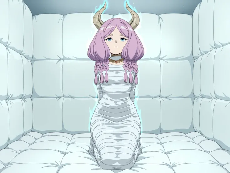  ,Aura, aura the guillotine,horns,pink hair,purple hair,purple hair, blue eyes, multiple braids,frieren-aura, horns,violet-pink hair, blue eyes, multiple braids,

,White bandage,All White tape,Mummification Bondage of White,White mummy,White mummification,...