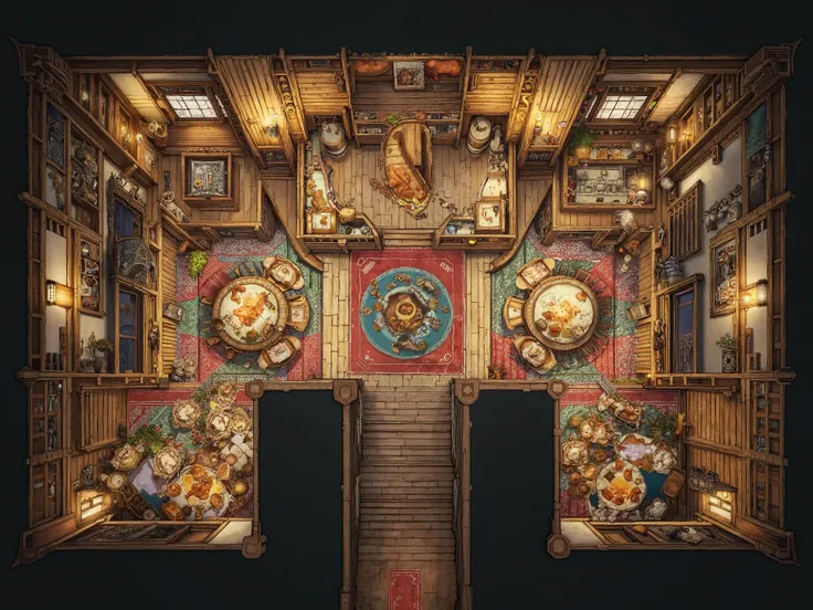 The image shows an intricately designed medieval tavern or dining area from a bird's-eye view. To the lower left, two large tables are adorned with festive meals including roasted meats, loaves of bread, and goblets, suggesting a celebratory feast. A richl...