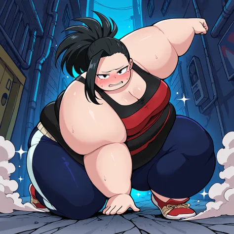 high resolution picture, masterpiece, best quality, amazing quality,  solo, 1girl,  Yaoyorozu momo, \(My hero academia\), ,black hair, black eyes, ,ponytail ,  medium breasts ,source anime,                                       
 BREAK (curvy), cracked flo...