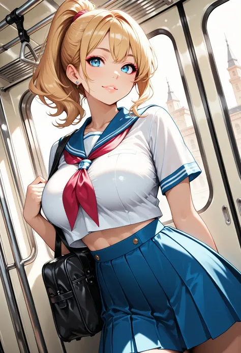 htm,1 woman, cool school girl:1.2, Dance Motion, school bag, Dutch Angle, Blonde, High Ponytail, Big breasts, ( out of sight), Perfect Body, cropped tops, sailor suit that binds the length, pleated skirt, Delicate decoration, piercings, Inside the Train, w...