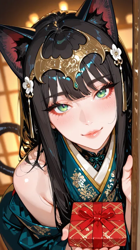 Portrait en pied d'une gracieuse chatte anime à la peau claire impeccable, cheveux noirs lisses cascadeant sur ses épaules, et des yeux verts éclatants, portant un kimono moderne élégant avec des broderies dorées et une queue de chat qui dépasse derrière, ...