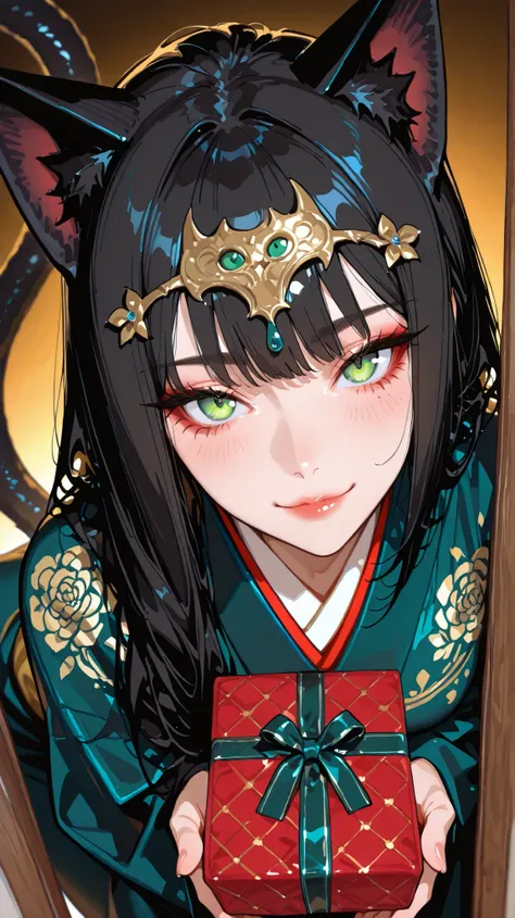 Portrait en pied d'une gracieuse chatte anime à la peau claire impeccable, cheveux noirs lisses cascadeant sur ses épaules, et des yeux verts éclatants, portant un kimono moderne élégant avec des broderies dorées et une queue de chat qui dépasse derrière, ...