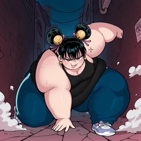 high resolution picture, masterpiece, best quality, amazing quality,  solo, 1girl,  Lin Lin, \(one punch man\), ,black hair, red eyes, ,eyes, smug  medium breasts ,source anime,                                       
 BREAK (curvy), cracked floor, dust clo...