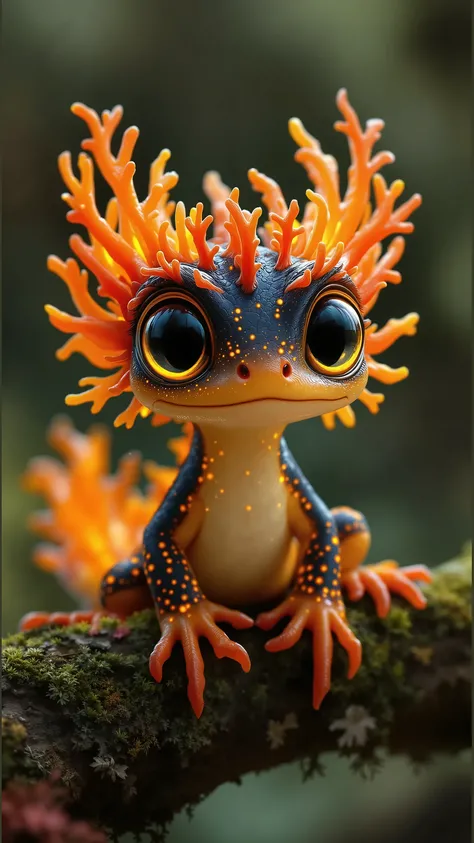 A hyper-detailed, stylized fantasy creature resembling a tiny dragon-salamander hybrid, perched on a mossy branch covered with lichen and fungi. The creature has a vivid, bioluminescent color palette blending glowing yellows, fiery oranges, deep reds, and ...
