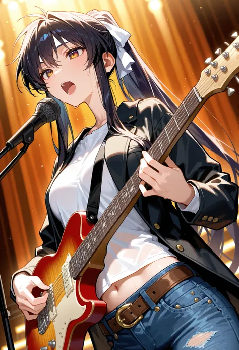 masterpiece,perfect anatomy,high resolution, ultra-detailed,beautiful detailed eyes,dutch angle,absurdres,1girl,(Chie Matsuoka), eyes, black hair,sidelocks,long hair,ponytail,hair ribbon,white ribbon,sweat,cowboy shot,black jacket,shirt under jacket,white ...