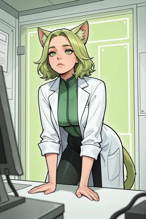 catgirl, alone in the foreground, in an idle pose, She has acidic green hair, lab background, green eyes, lab coat