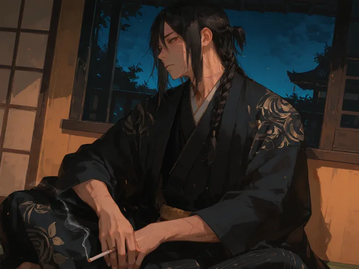 upper shot, dutch angle, looking away, makes an aesthetic, Master piece, Best Quality, ultra detailed, a handsome man, (man:1.4), solo, (male:1.4) long Hair, black hair, male hair in braid, squinting, Old scars on cheeks, toned, black kimono with gold patt...