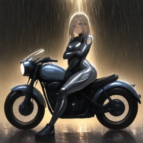 1girl, sitting on an antique motorcycle, blue eyes, brown medium length hair, (wearing a tight tactical suit, sneaking suit,  no armor), (small stuffed belly) (arched back), (love handles) , (arm across belly) (college campus background, (aquiline nose), e...