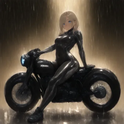 1girl, sitting on an antique motorcycle, blue eyes, brown medium length hair, (wearing a tight tactical suit, sneaking suit,  no armor), () (arched back), (love handles) , (small stuffed belly, covered navel) (college campus background, (aquiline nose), ey...
