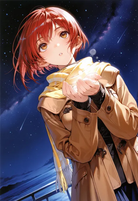 masterpiece,perfect anatomy,high resolution, ultra-detailed,beautiful detailed eyes,dutch angle,absurdres,1girl,(Yuu Nanase),brown eyes,red hair,short hair,scarf,coat,shirt,skirt,starry sky,cupping hand,looking up,