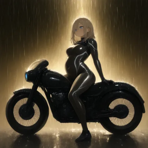 1girl, sitting on an antique motorcycle, blue eyes, brown medium length hair, (wearing a tight tactical suit, sneaking suit,  no armor), () (arched back), (love handles) , (medium stuffed belly) (fat face:1.1), covered navel) (college campus background, (a...