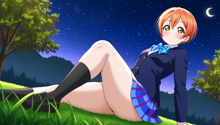 1girl, hoshizora rin, striped, short hair, blush, otonokizaka school uniform, lovelive_rin black blazer, blue plaid skirt, blue stripe bowtie, orange hair, very short hair, hair between eyes, yellow green eyes,thick thighs,knee up,crescent moon, stars (sky...