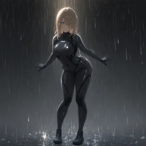 1girl, blue eyes, brown medium length hair, (wearing a tight tactical suit, sneaking suit, no armor), () (arched back), (love handles) , (medium stuffed belly) (fat face:1.1), covered navel) (college campus background, (aquiline nose), eyes visible through...