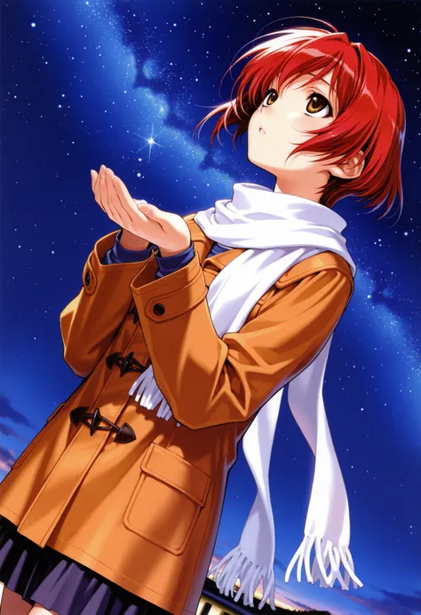 masterpiece,perfect anatomy,high resolution, ultra-detailed,beautiful detailed eyes,dutch angle,absurdres,1girl,(yuu nanase),brown eyes,red hair,short hair,scarf,coat,shirt,skirt,starry sky,cupping hand,looking up,