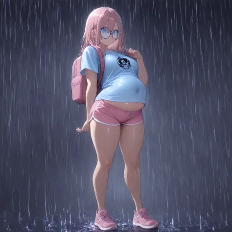 1girl, blue eyes, brown medium length hair, (wearing kakhi dolphin shorts, light blue t shirt with a skull graphic on it, small circular glasses, large pink backpack over one shoulder), (midriff peek) (arched back), (love handles) , (medium stuffed belly) ...